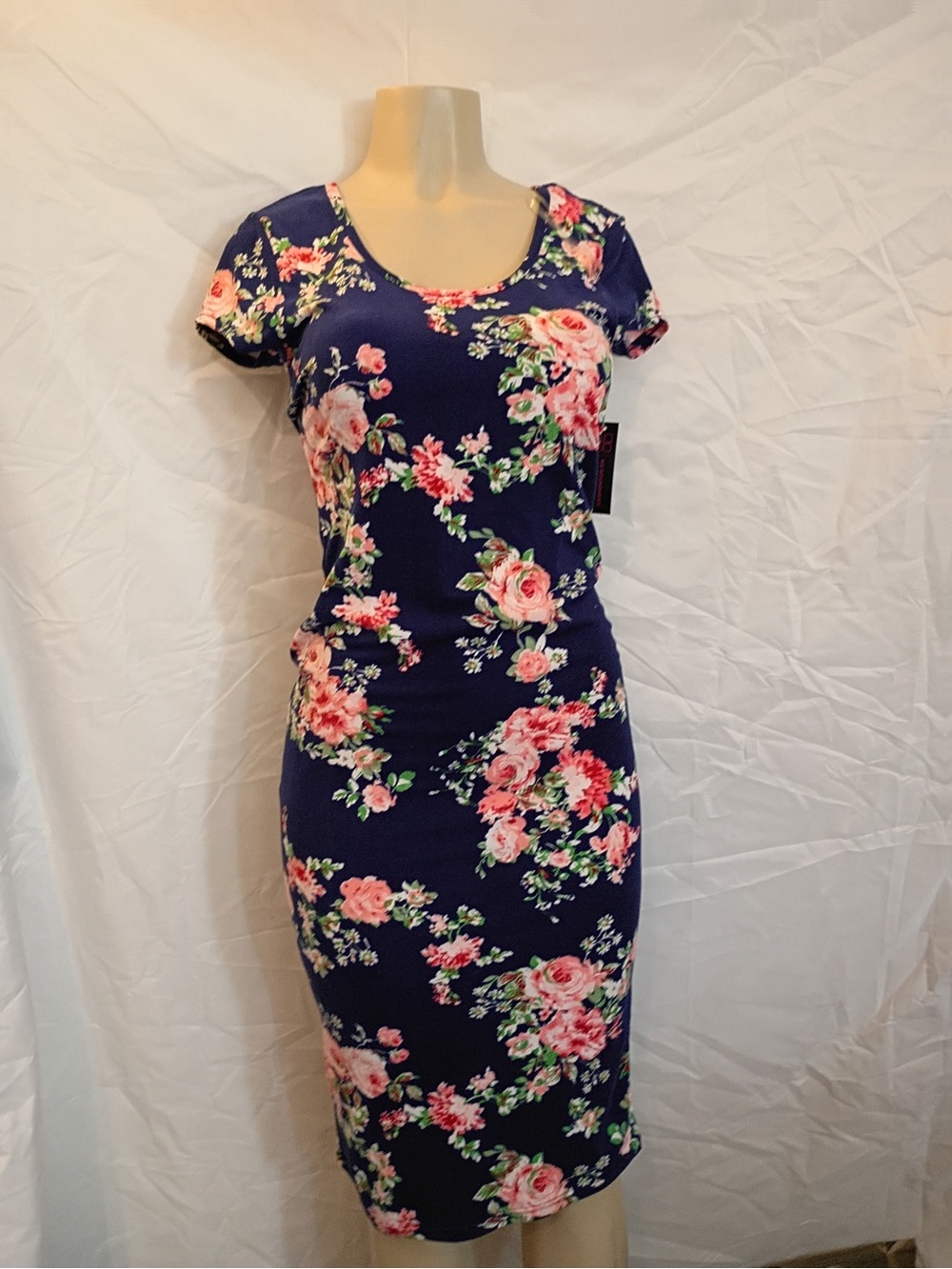 Navy Floral Midi Dress with Pink Rose Print